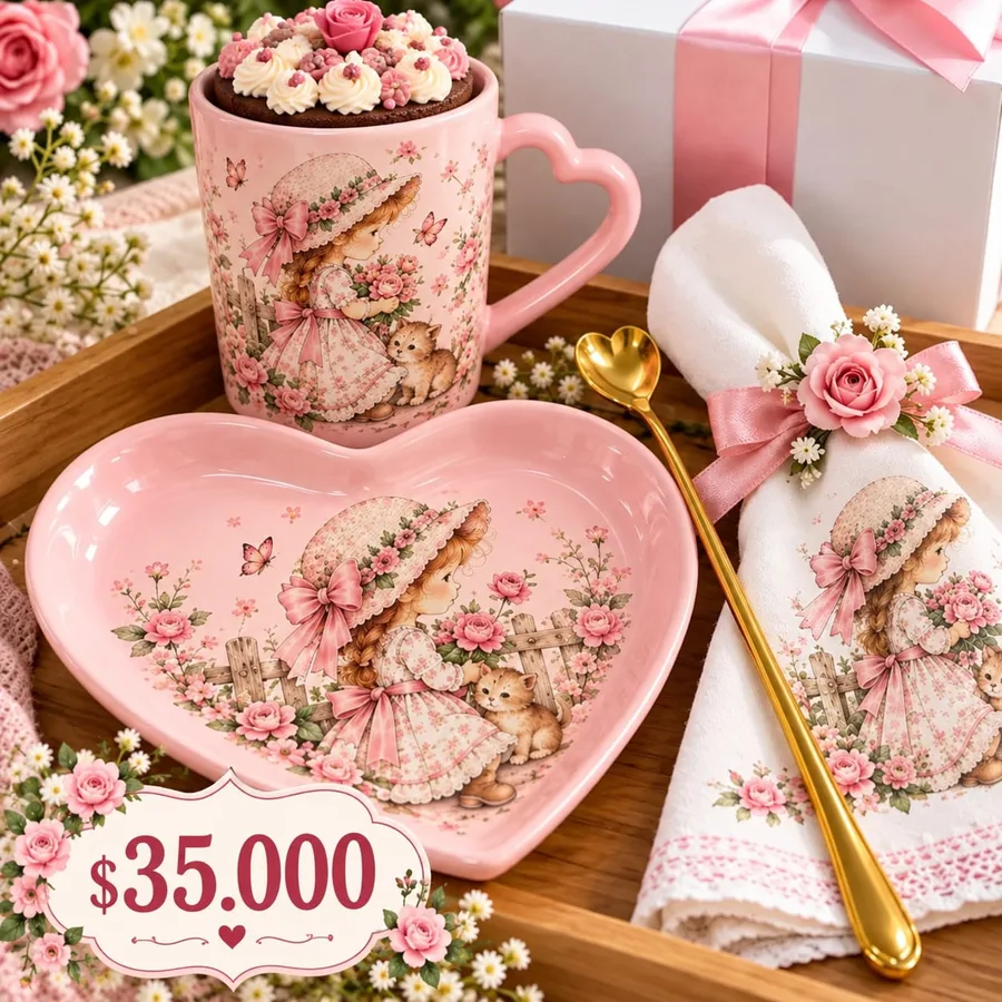 Regalo especial para mamá: Taza decorada con mini torta, Plato en forma de corazón, Servilleta decorativa, Cucharita dorada